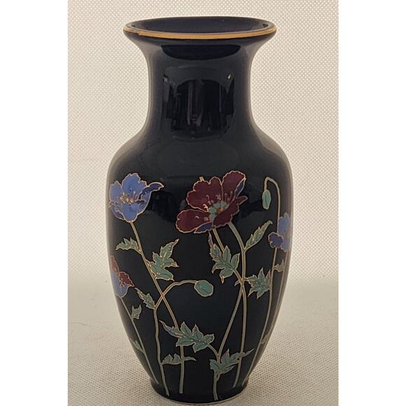 VASE-Japan-Small-Black Ceramic-Flowers-Gold Trimmed-6" Tall-Bud Vase - Picture 8 of 14